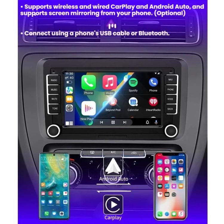 Car navigation head unit displaying CarPlay and Android Auto phone screens