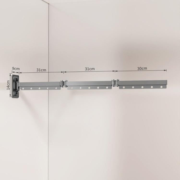 Grey retractable folding clothes drying rack, bar with 3 folding sections and wall brackets