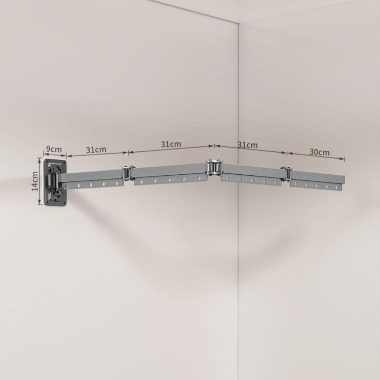 Grey retractable folding clothes drying rack, bar with 4 folding sections and wall brackets