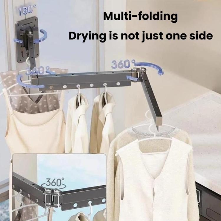Balcony clothes drying rack with folding arms and hanging clips, grey finish