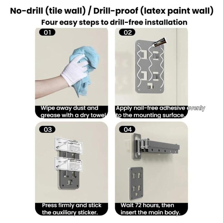No-drill adhesive wall mount kit for folding clothes drying rack