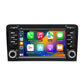 Car stereo head unit with black face, dual knobs, and touchscreen map and media icons