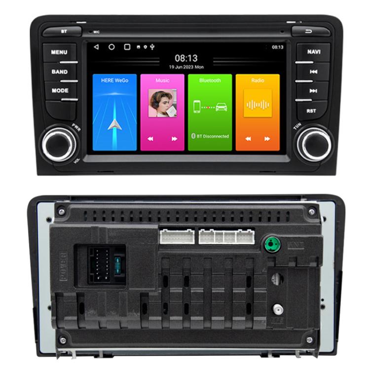 Car navigation multimedia head unit with front screen and rear connector panel shown