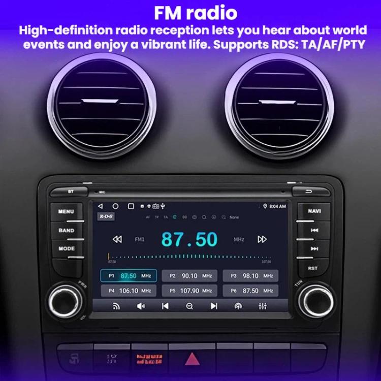 Car stereo head unit showing FM radio frequency 87.50 on 7-inch touchscreen