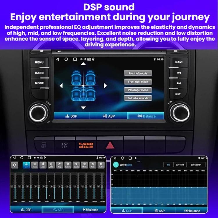 Car stereo head unit with DSP sound settings displayed on touchscreen