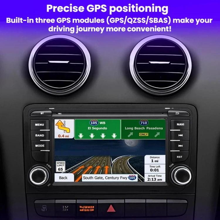 Car stereo head unit showing GPS map on 7-inch touchscreen