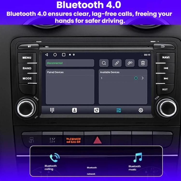 Car navigation touchscreen receiver showing Bluetooth settings on the display and side control knobs