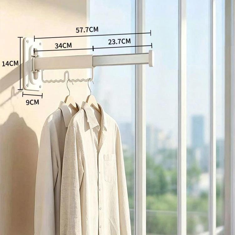 1-fold wall-mounted drying rack with retractable white rod and hanging hooks
