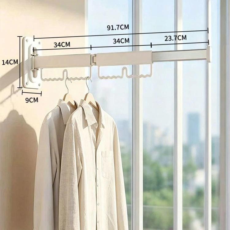 2-fold wall-mounted drying rack with retractable white rod and hanging hooks