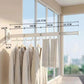 3-fold wall-mounted drying rack with retractable white rod and hanging hooks