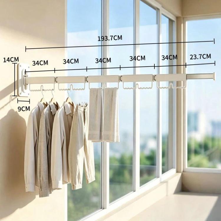 5-fold wall-mounted drying rack with retractable white rod and hanging hooks