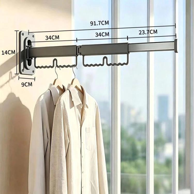 2-fold wall-mounted drying rack with retractable gray rod and hanging hooks
