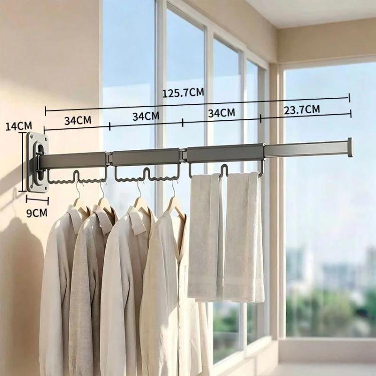 3-fold wall-mounted drying rack with retractable gray rod and hanging hooks