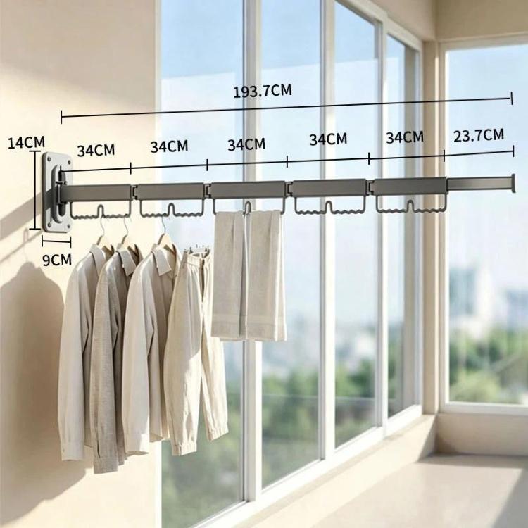 5-fold wall-mounted drying rack with retractable gray rod and hanging hooks