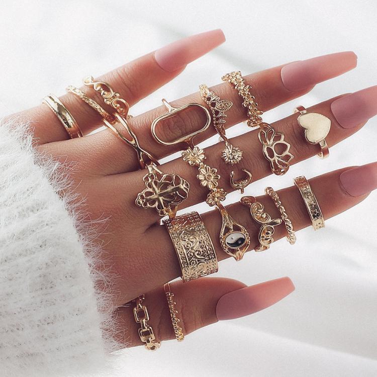 19pcs /Set Vintage Heart Flower Chain Ring Set