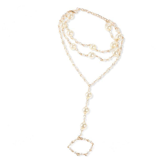 Multi-layer pearl anklet with gold-tone chain and dangling pearl drop