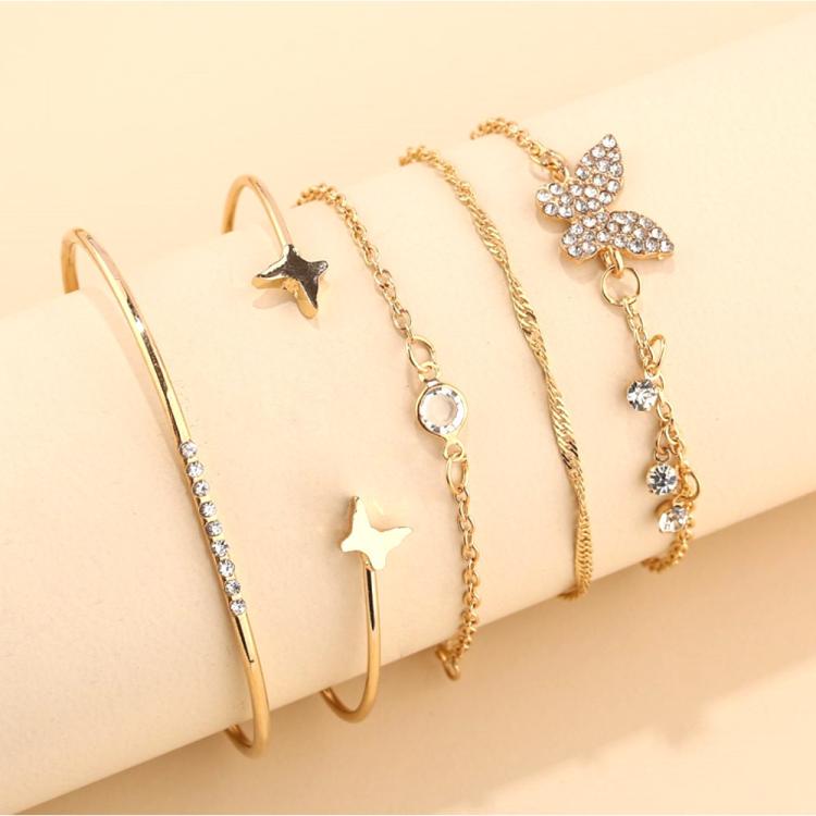5pcs /Set Bohemian Butterfly Open Cuff Diamond Crystal Bracelet