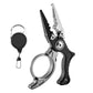 Mini fishing line cutter pliers with retractable lanyard, open ring, black and silver.