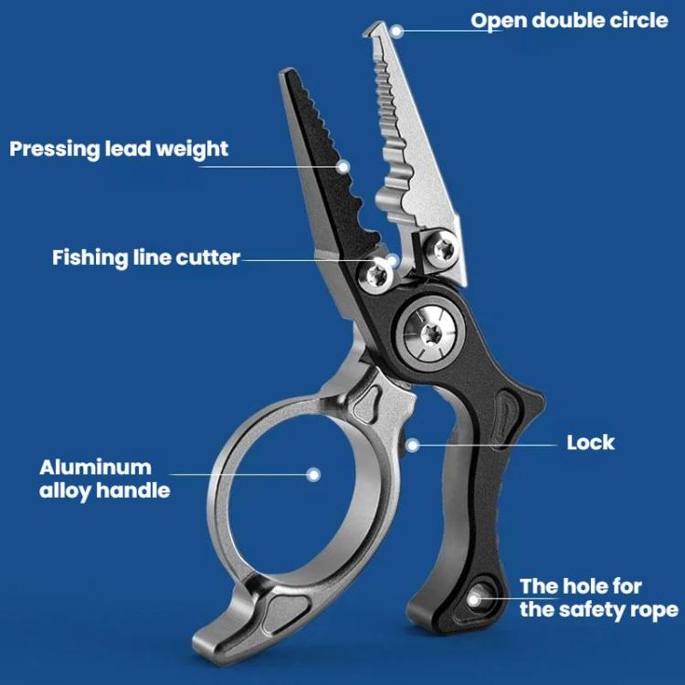 Mini fishing line cutter pliers with lock and open double circle ring, black and silver.