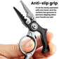Mini fishing line cutter pliers with anti-slip grip, open ring, black and silver.