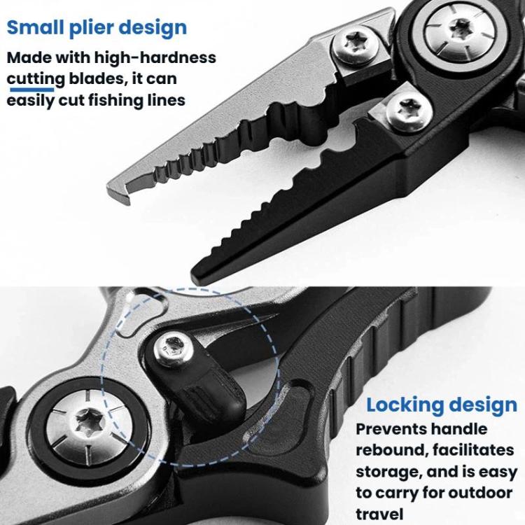 Mini fishing line cutter pliers with locking design and serrated jaws, black and silver.