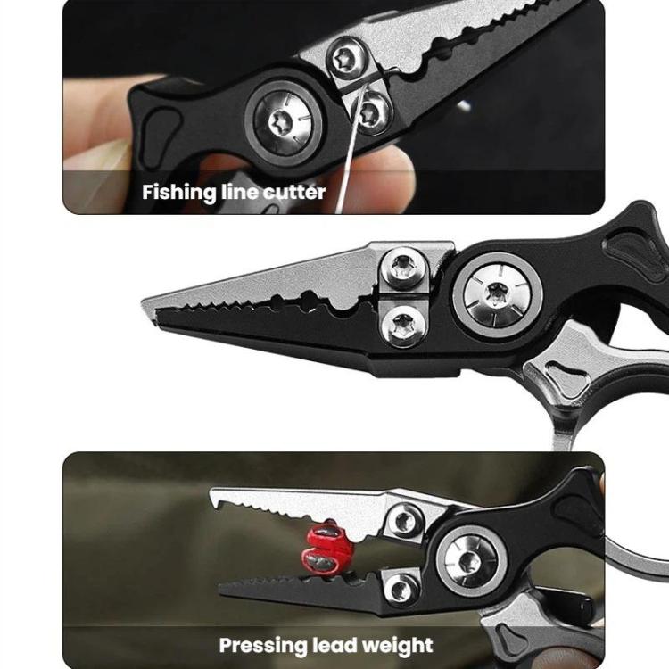 Mini fishing line cutter pliers close-up, open ring and cutting edge, black and silver.