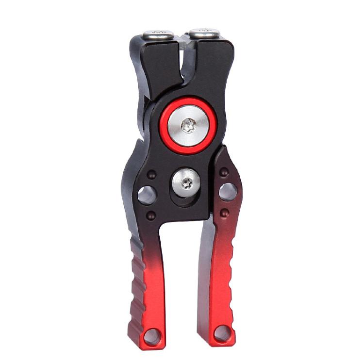 Fishing line cutter with black frame, red circular blade, and metal screws