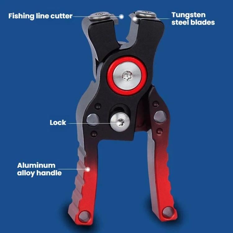 Fishing line cutter with black body and red accents, showing two metal blades