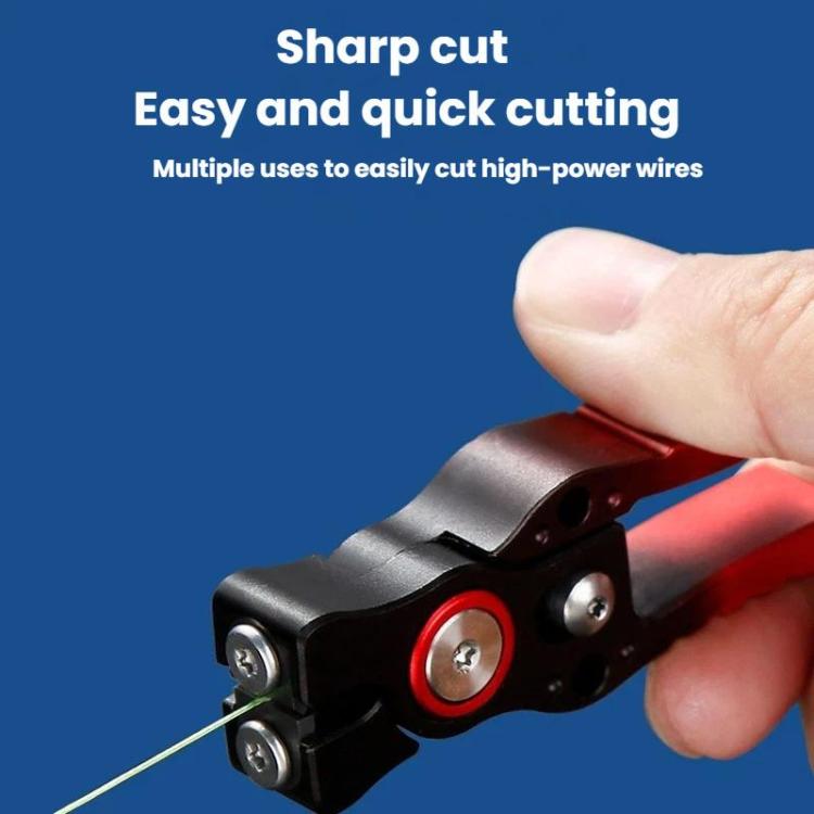 Fishing line cutter held in hand, black body with red circular blade