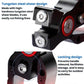 Fishing line cutter close-up, black handle with red ring and metal blade bolts