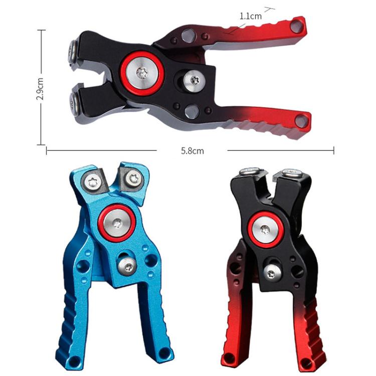 Mini fishing line cutter pliers with red and black handles, compact flat blade