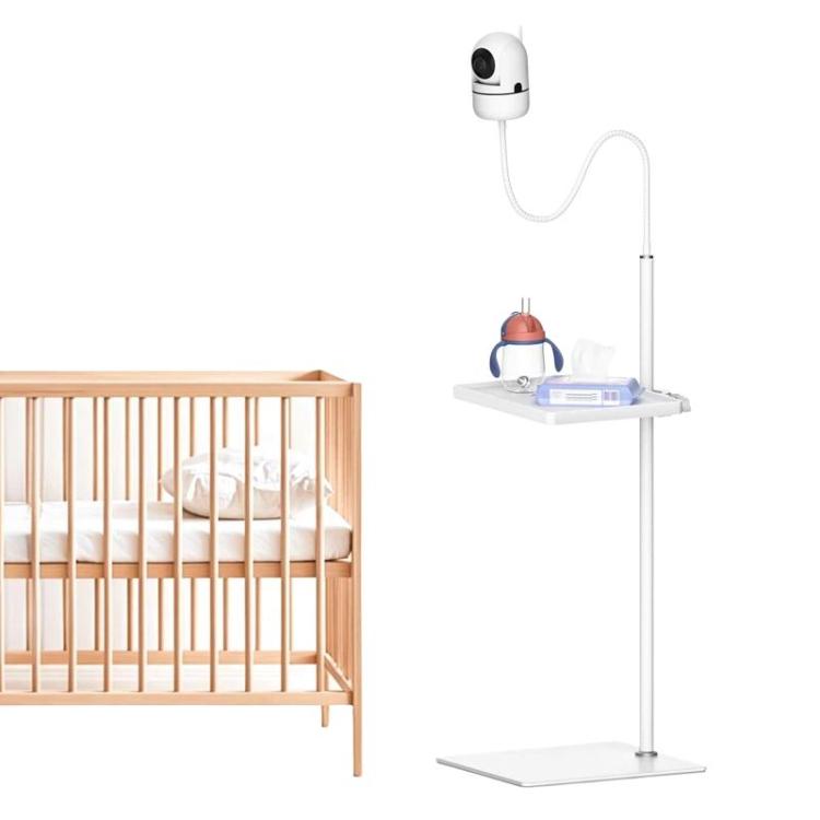 Adjustable baby monitor floor stand with storage tray and cable holder, white