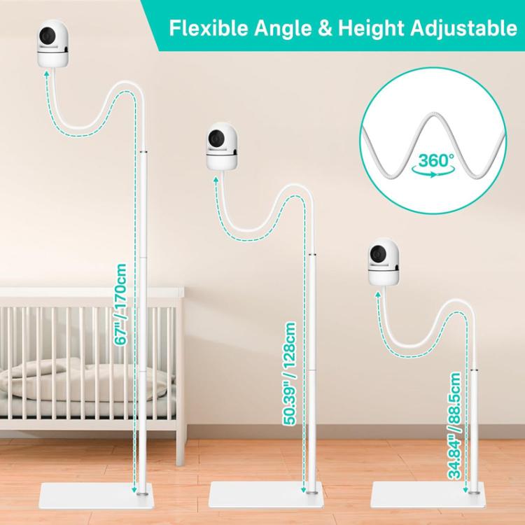 Height-adjustable baby monitor stand with flexible arm and white base