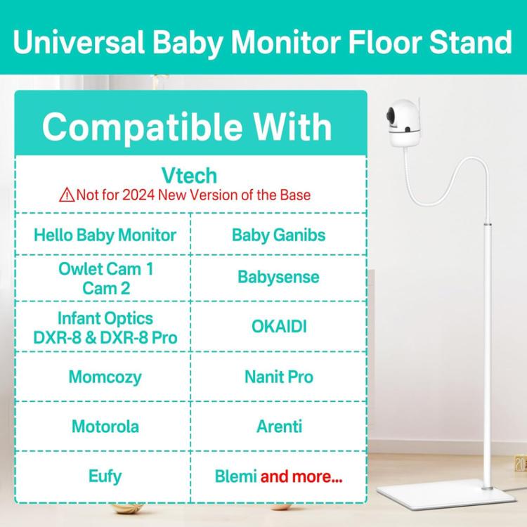 Universal baby monitor floor stand with tall adjustable pole and flat base