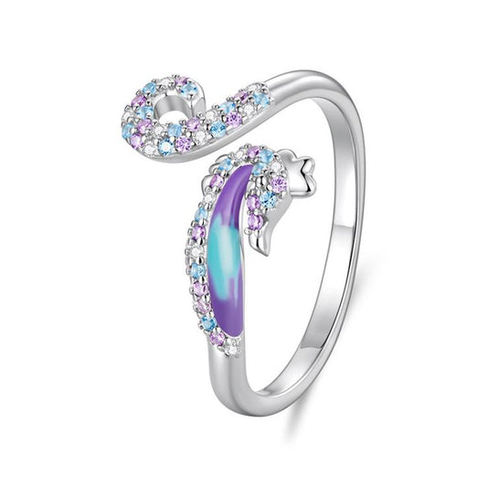 Adjustable seahorse opening ring in silver tone with purple and blue oval accents