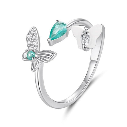 Silver butterfly double-layer adjustable ring with green and clear stones