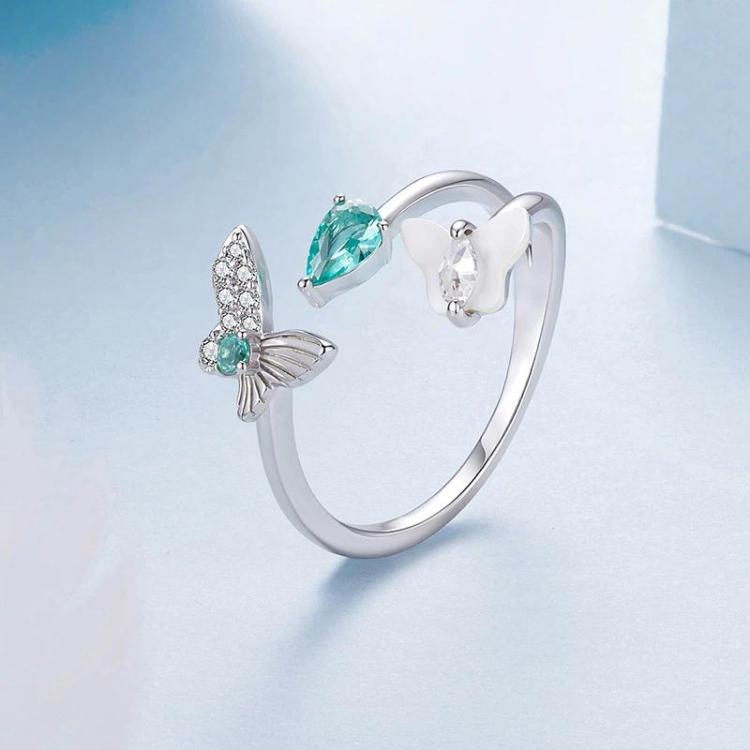 Silver butterfly open-style adjustable ring with green stones and clear details
