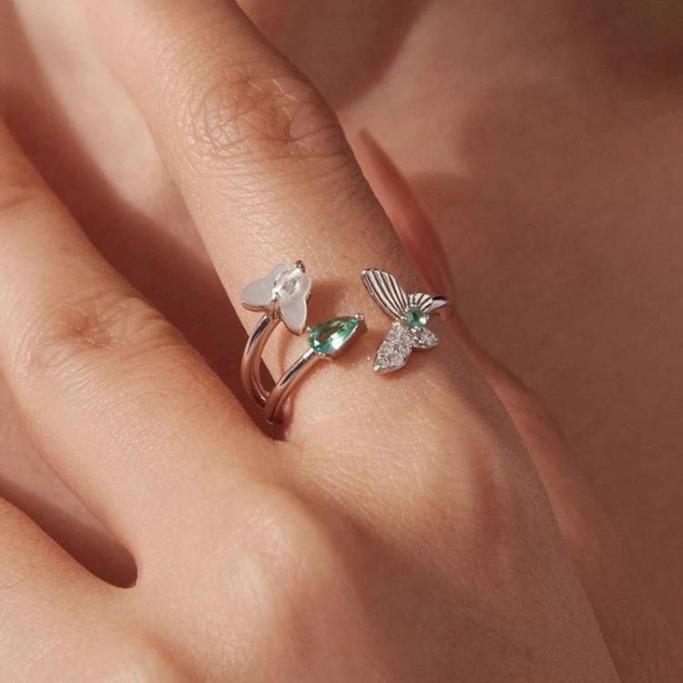 Silver butterfly double-layer adjustable ring with green center stone and clear accents
