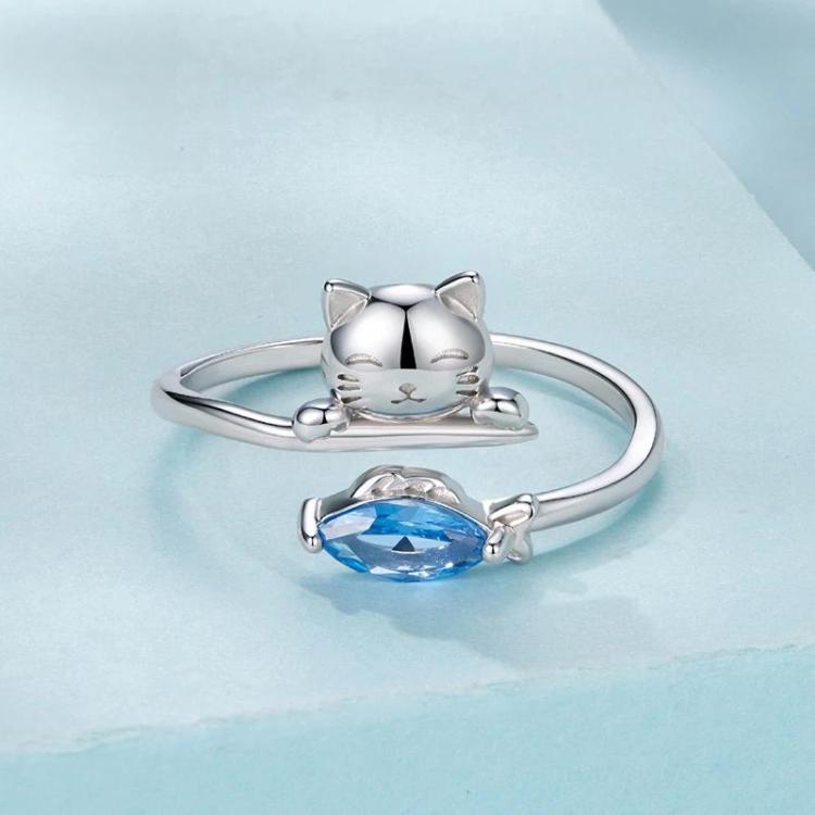 Copper-plated White Gold Cat Eating Fish Cute Open Ring, YIR307-E
