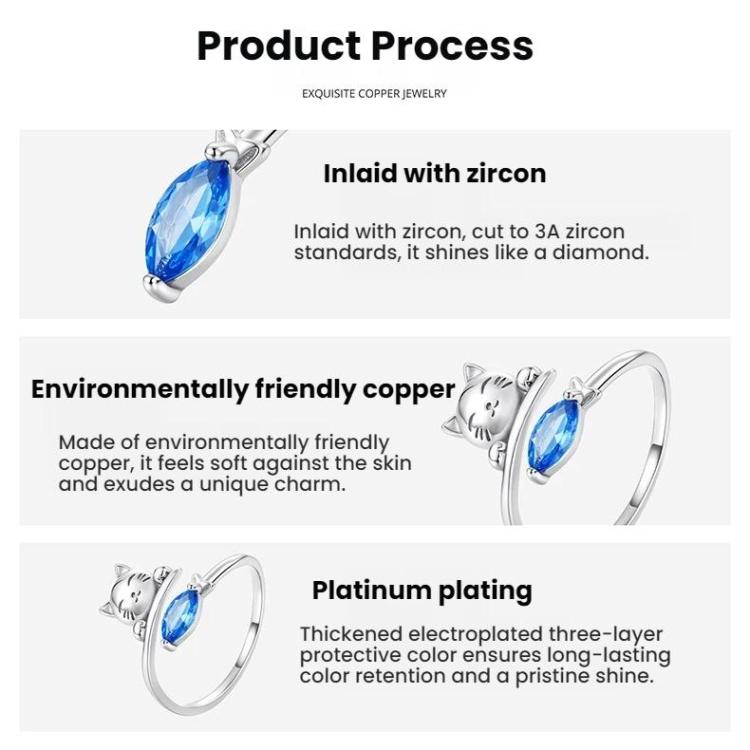 Copper-plated White Gold Cat Eating Fish Cute Open Ring, YIR307-E