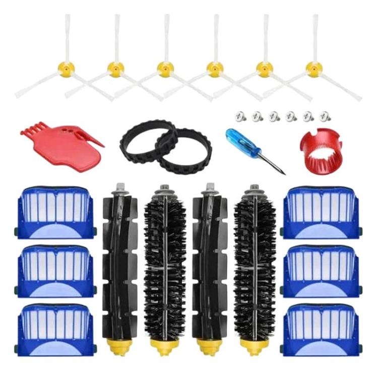 Robot vacuum accessory kit with side brushes, main brush, filters, and mounting parts