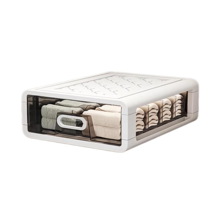 Drawer-style sock organizer box with clear front window holding folded socks