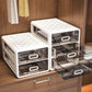 Set of white clear drawer organizers with rounded handles, open bins for socks or underwear