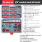 Open tool kit with 1/4 in sockets, bits, ratchet wrench, and driver