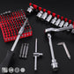 Auto tool set with chrome sockets, ratchet wrench, and hex/driver bits