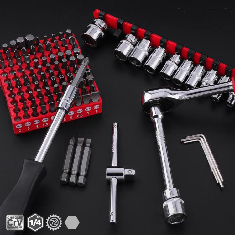 Auto tool set with chrome sockets, ratchet wrench, and hex/driver bits
