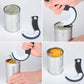 Multifunction can and bottle opener showing use on a can, black and white tool