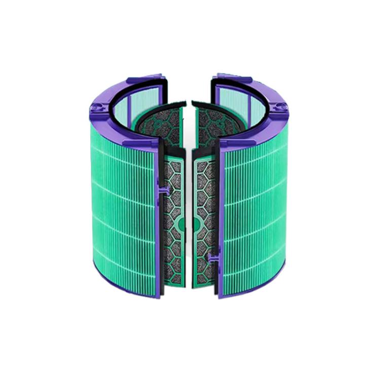 Antimicrobial HEPA filter cartridge with green pleated core and purple outer frame