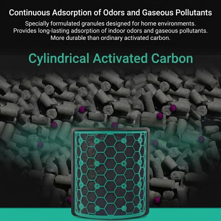Cylindrical activated carbon filter insert with honeycomb pattern in dark granules