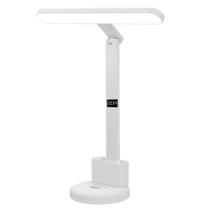 White LED desk lamp on round base with digital time display